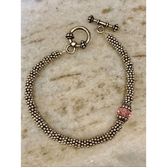 Sterling Silver Bali Bracelet with Rose Pink AB Crystal #breast cancer#handmade - Picture 3 of 4